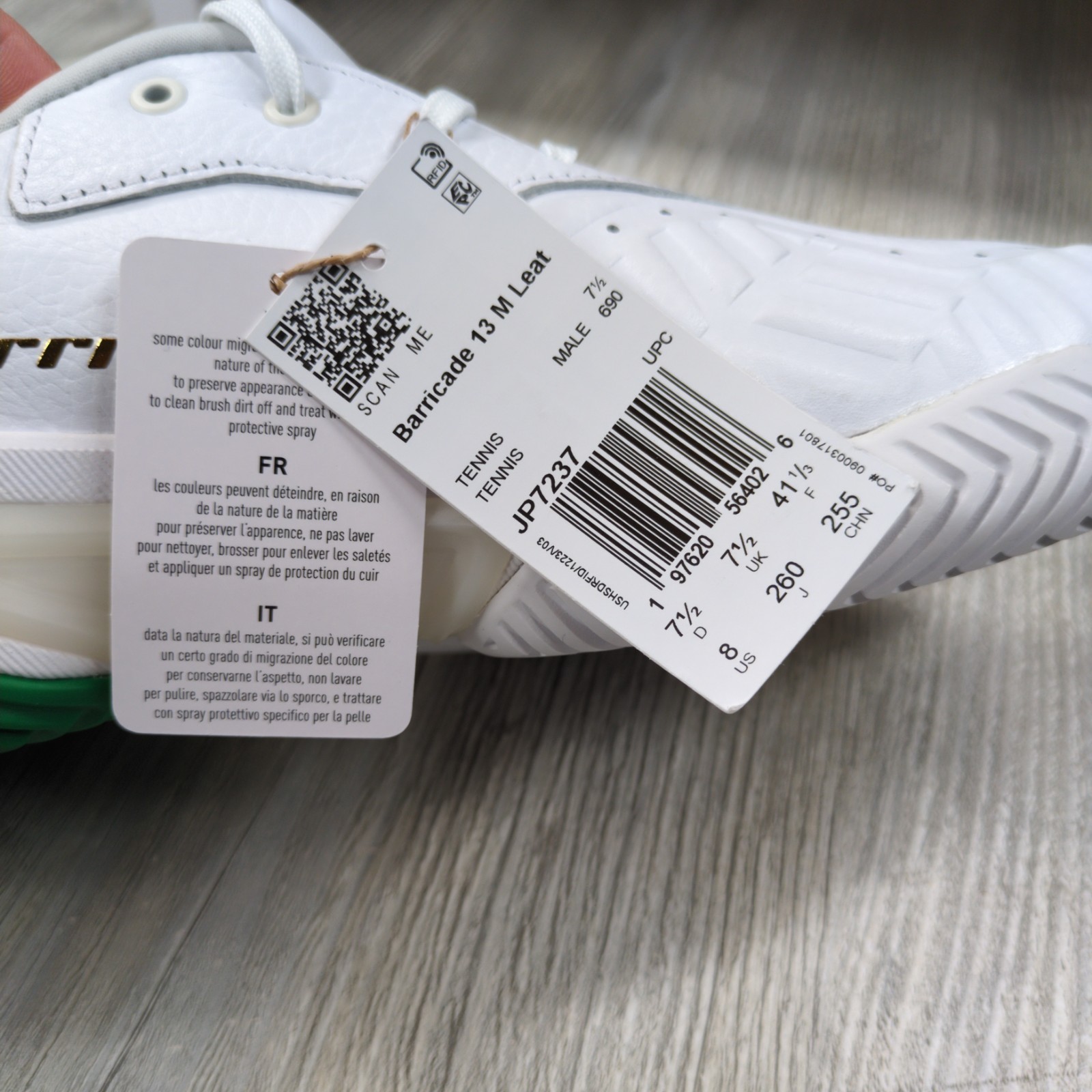 Adidas Barricade 13 Leather White/Green Mens Size 8 New JP7237