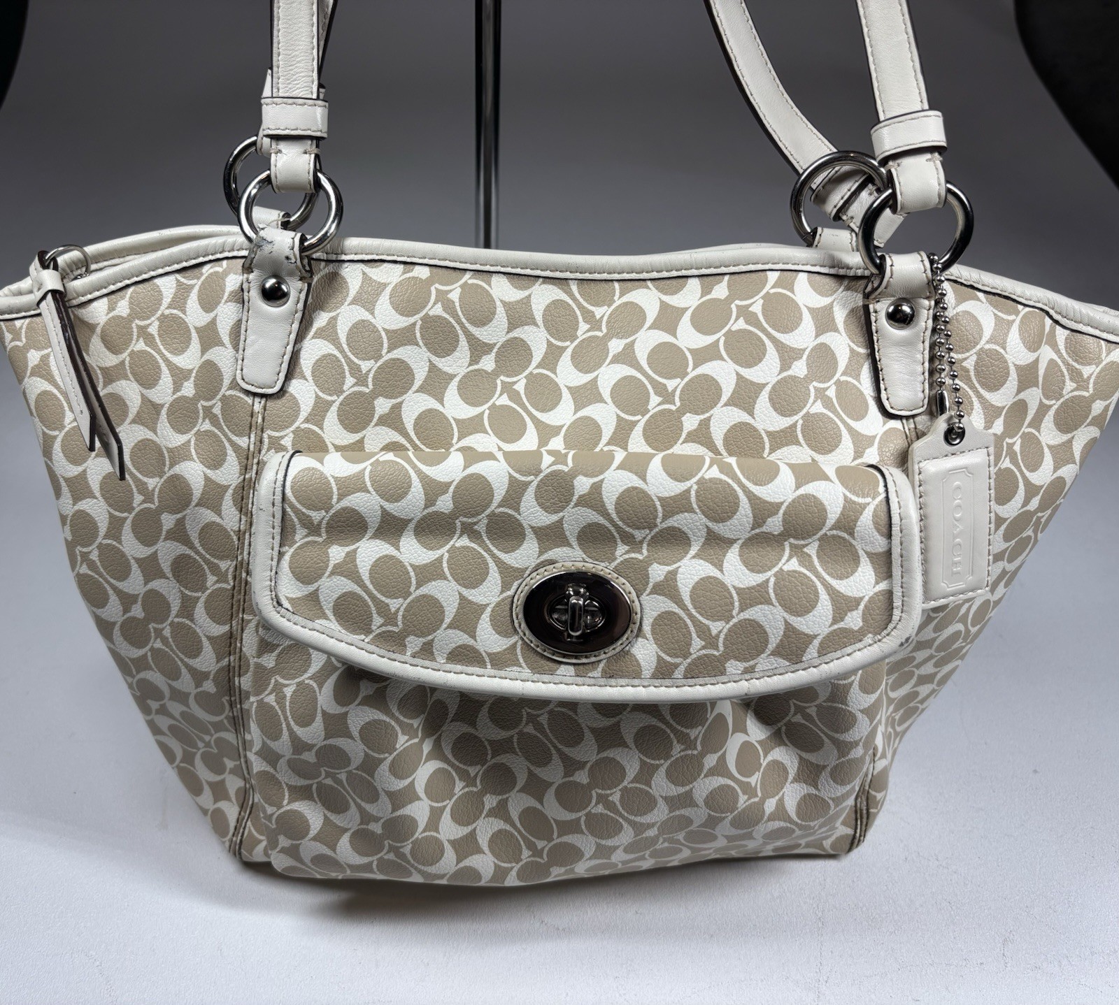 Coach Signature Leah Large Shoulder Tote Bag Khaki White 15135 Handbag Purse