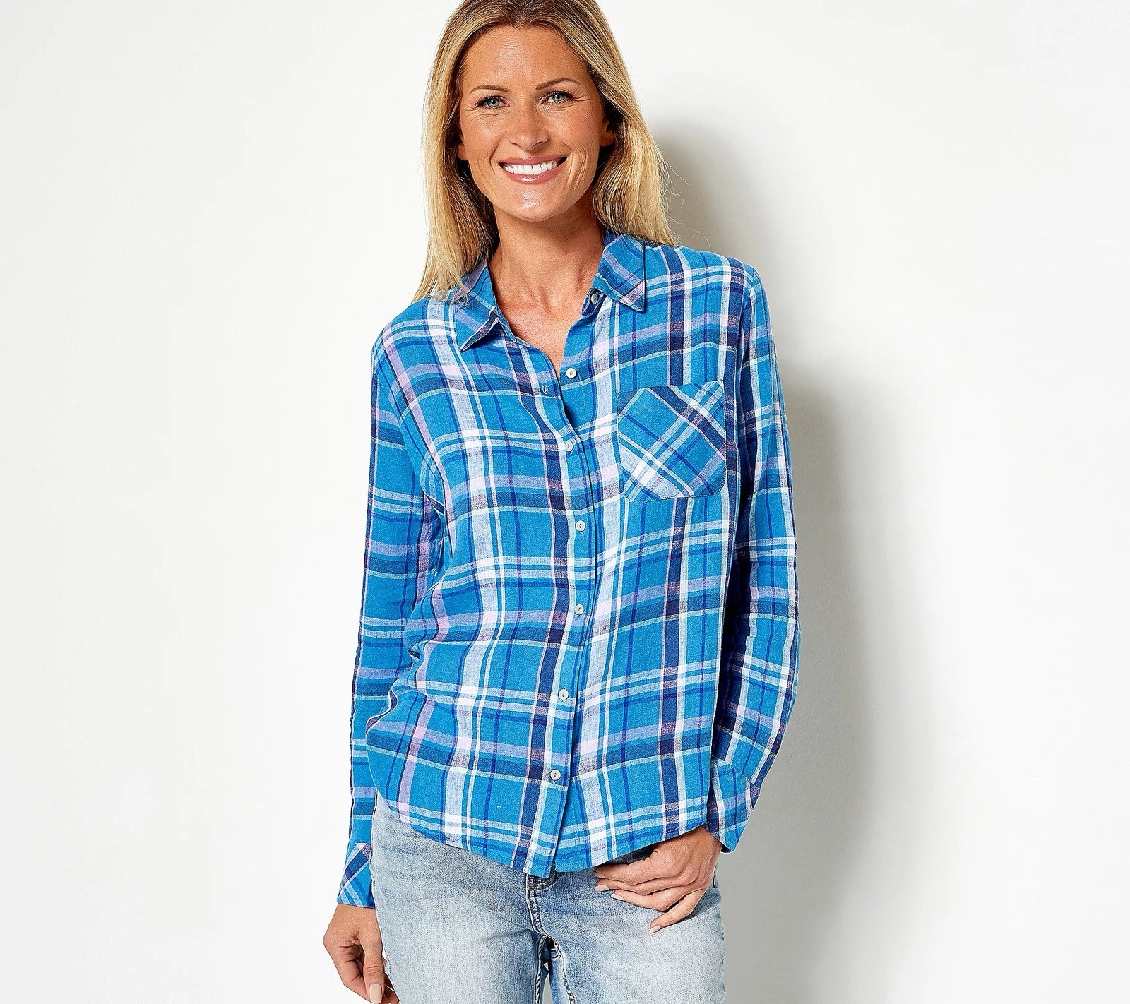Candace Cameron Bure Linen Blend Button Front Shirt 1XP Blue Plaid A478499 NWOT