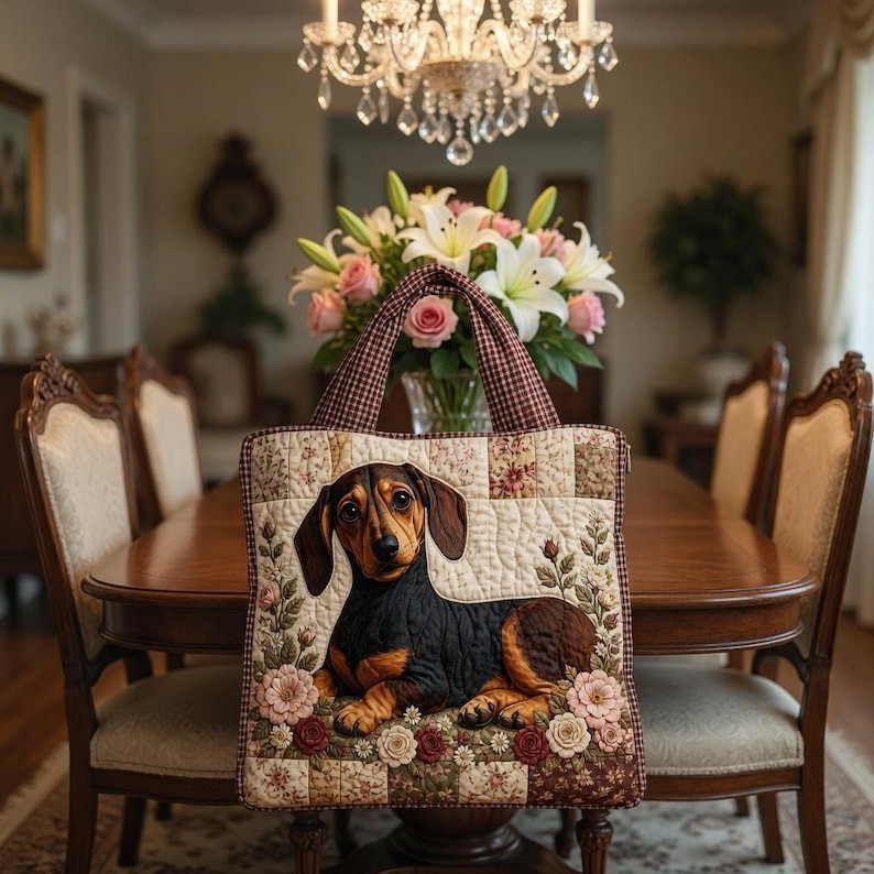 Dachshund Floral Patchwork Quilted Tote Bag, Wiener Dog Applique Handbag, Animal