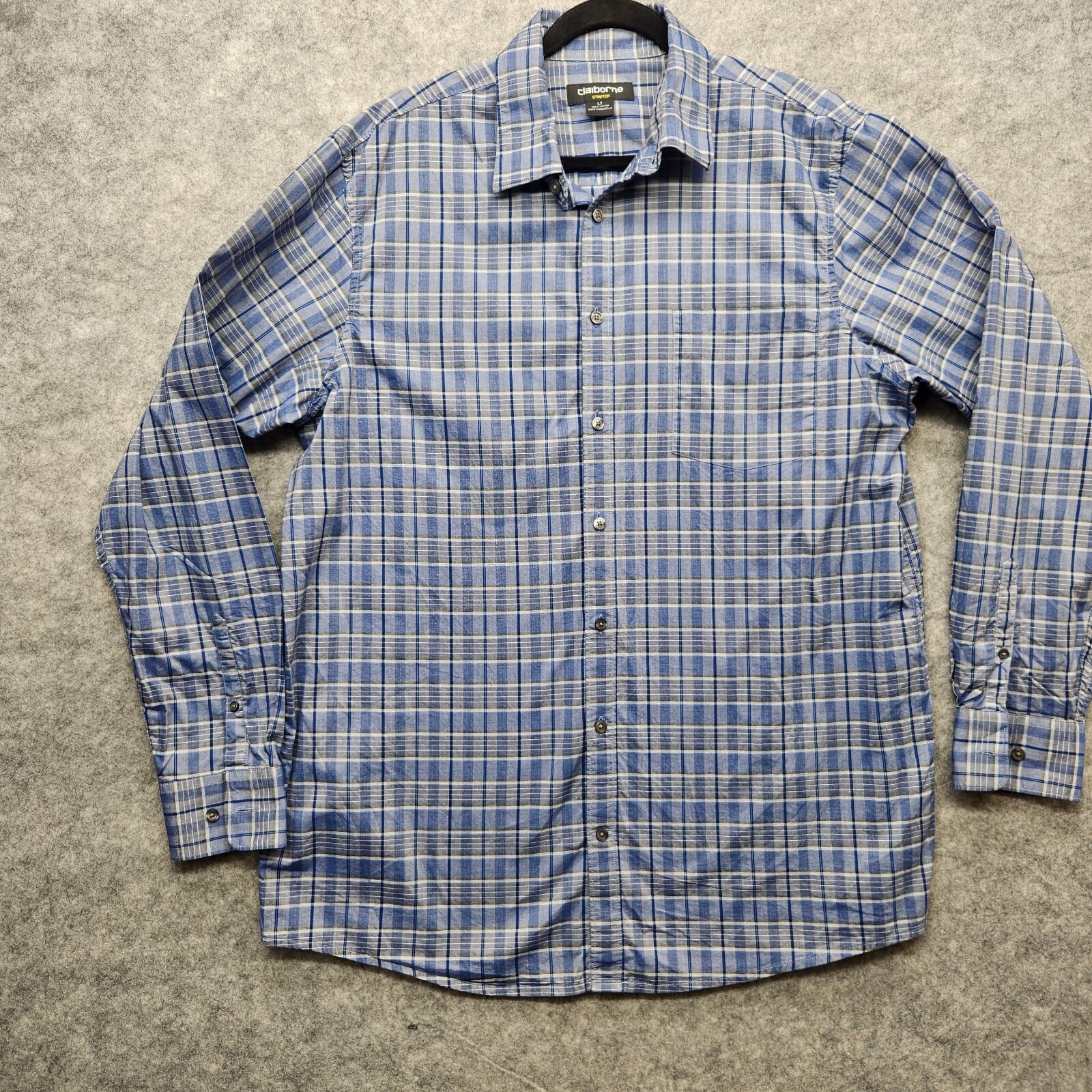 Claiborne Long Sleeve Stretch Size Large Blue,Gray and White Plaid Barrel Cuff