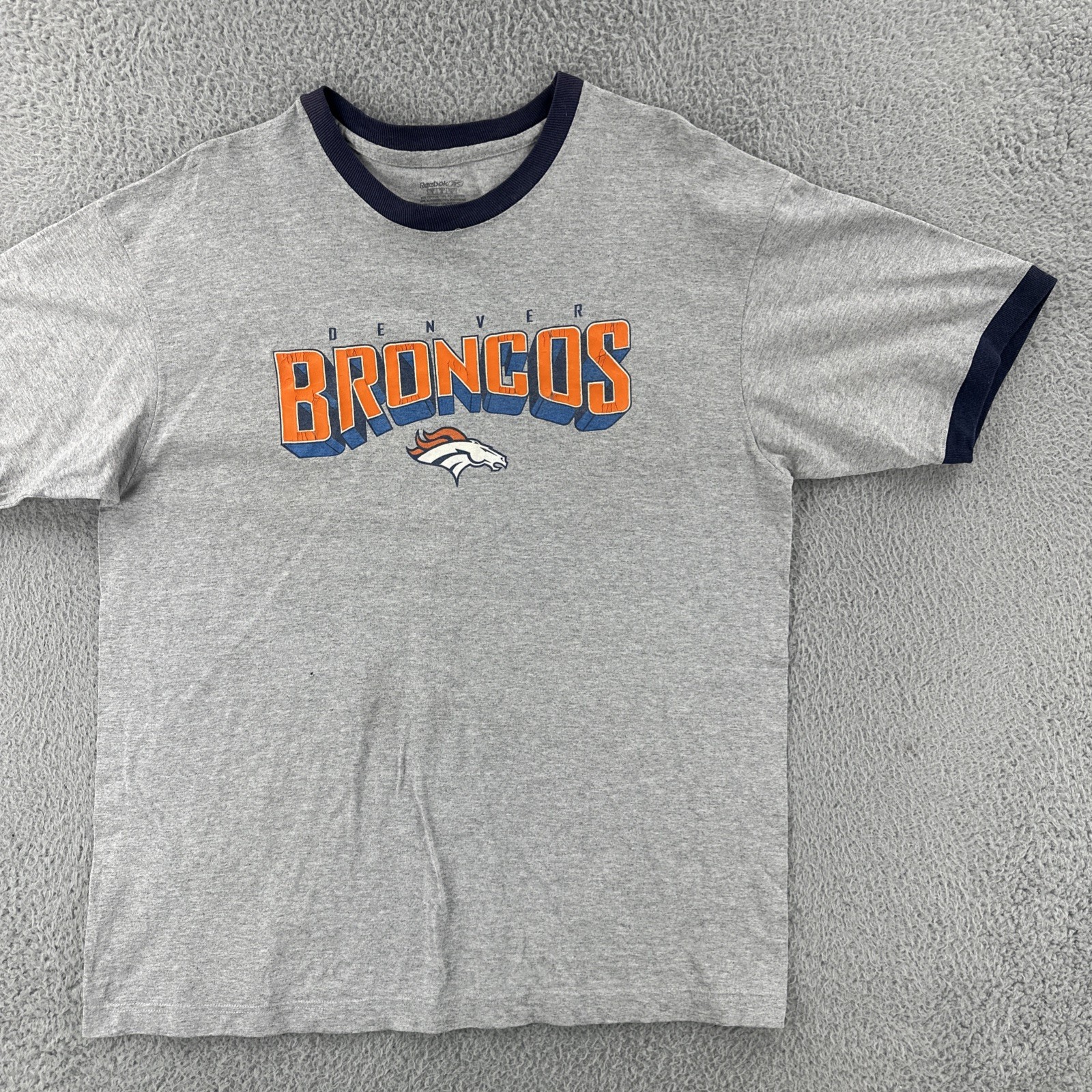 Reebok Adult Size Large Gray Ringer T Shirt NFL Denver Broncos Football Y2K Tee