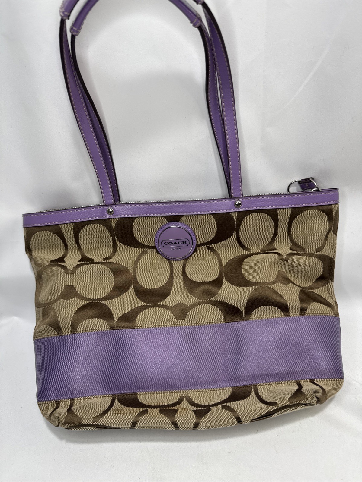 Coach Signature Logo Tote Handbag Pink/Tan/Brown Zip Top Double Handles F17433