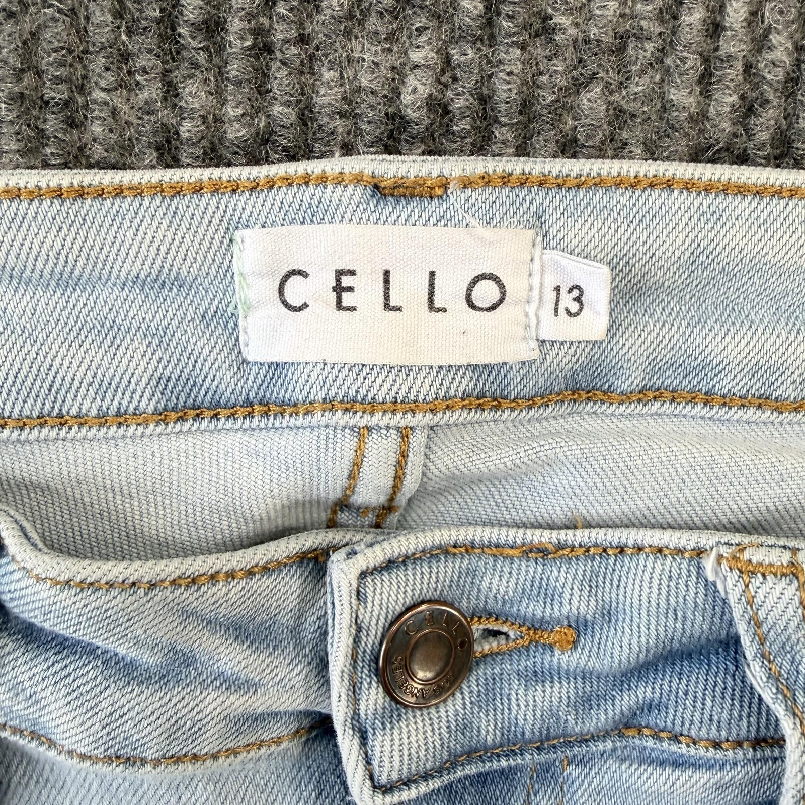 Cello Flare Jeans WomensM13 Light Wash High Rise Distressed Fringe Hem Stretch