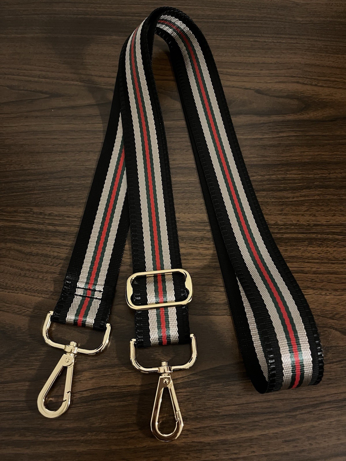 NEW Mautto Woven Nylon Web Stripe Bag Strap, Black, Red, Green Gold Hardware