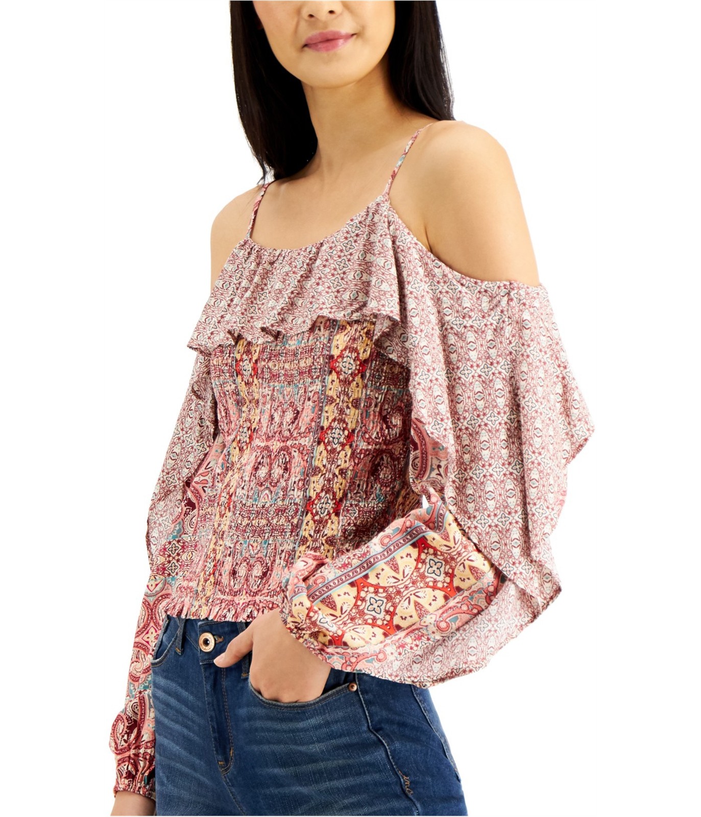 I.N.C Womens Mixed Print Cold Shoulder Blouse