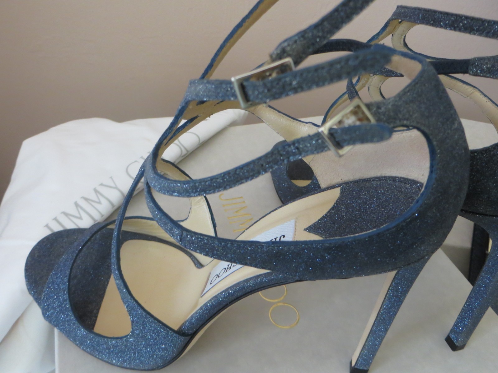 Pre-Owned Jimmy Choo Blue Fine Glitter Strappy Lang Sandal Heels 39M