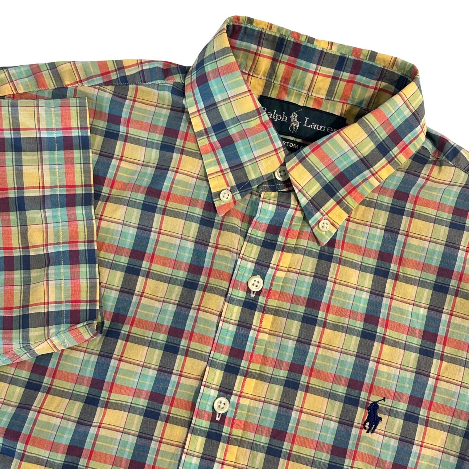 Ralph Lauren Men’s Small Short Sleeve Plaid Button Down Shirt Custom Fit Yellow