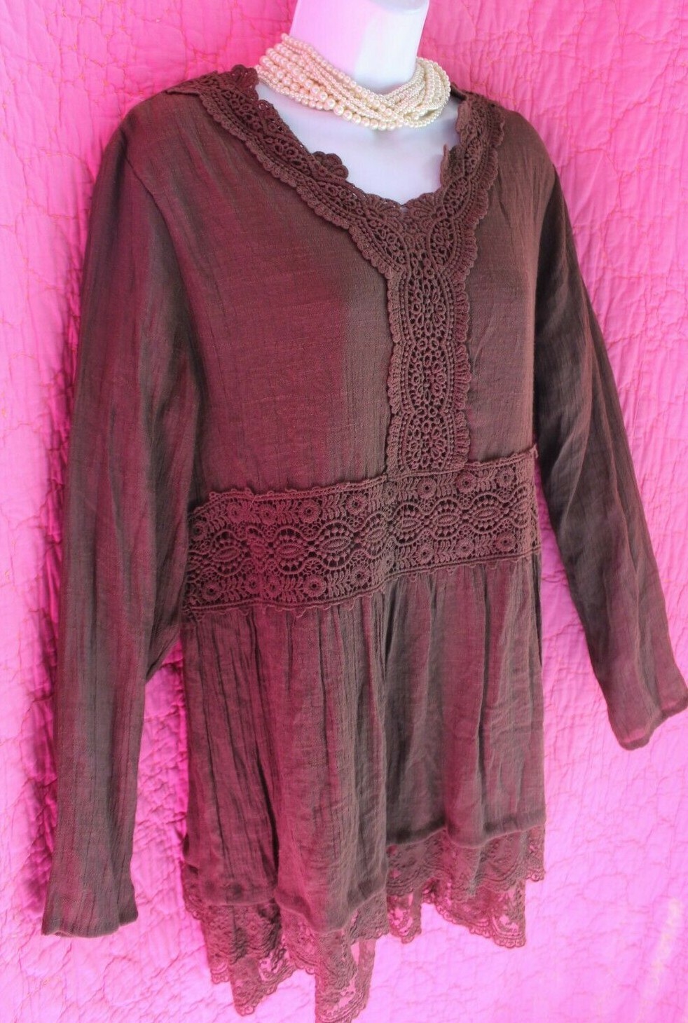 INDIGO SOUL Brown Boho Tunic Top Crochet Neck Waist Double Ruffle Hem Sz L Lined