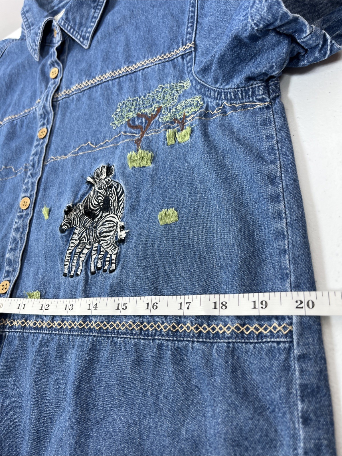 Vintage Lemon Grass Safari Denim Blouse Lion Zeba Embroidery Size Petite Medium