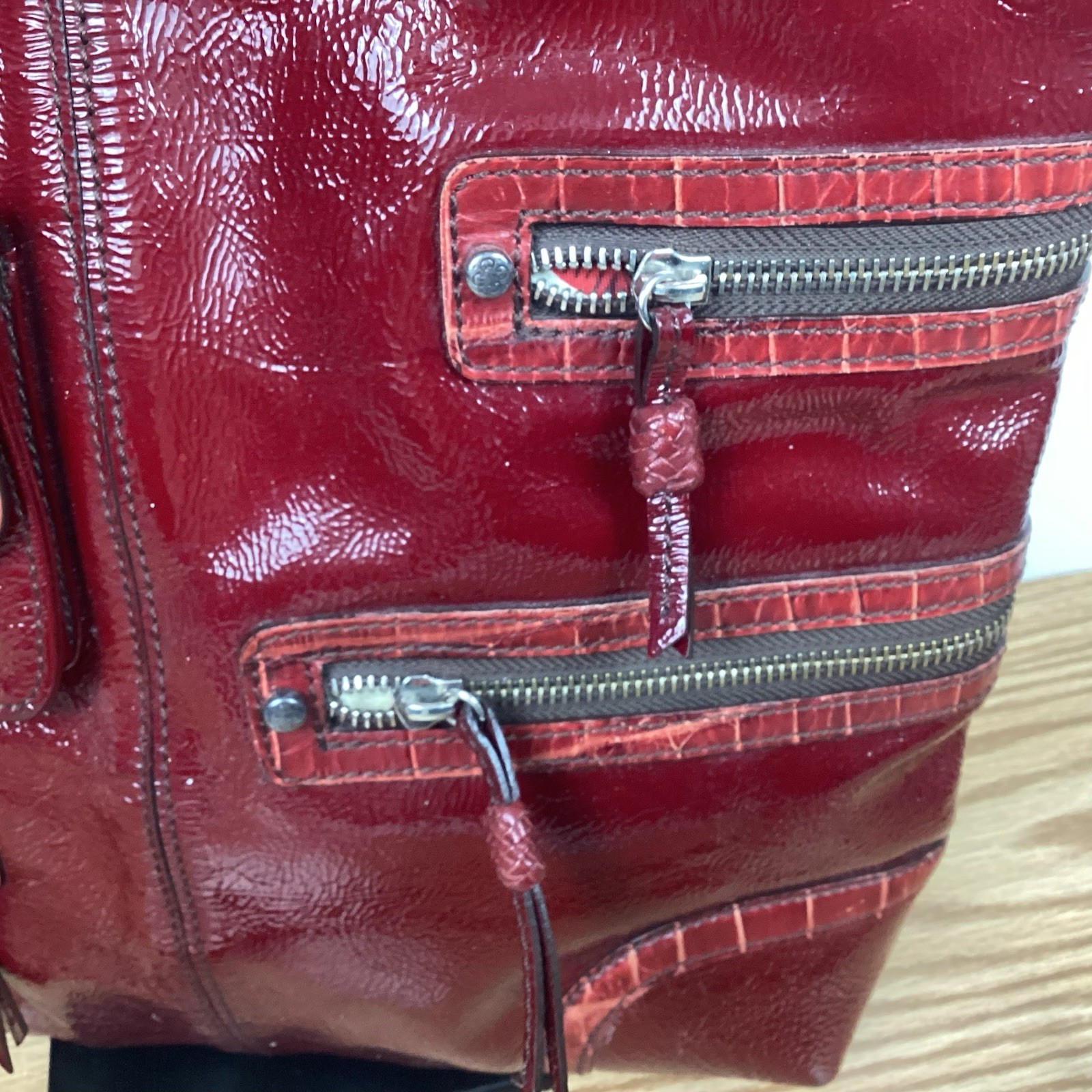 Brighton Kaelan Pocket Tote ORGANIZER Patent Leather Red Med Tote Shoulder Bag