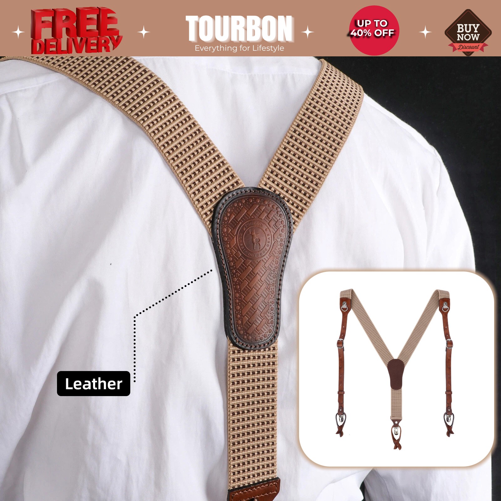 Tourbon Men’s Suspenders Y Back Y-Shaped Button Clip Pants Braces Leather Patch