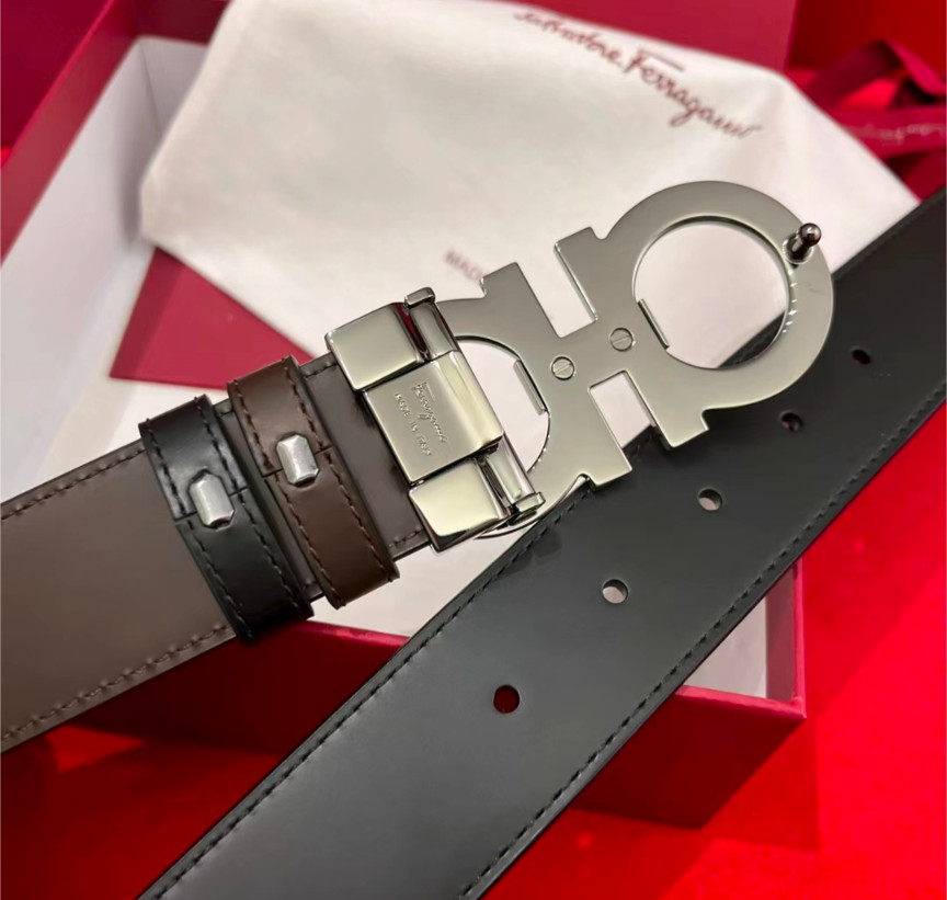 Salvatore Ferragamo Reversible Leather Belt Silver Black/Brown With Box New