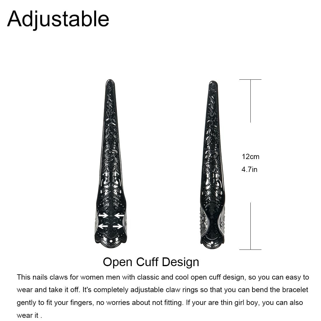 10 Pcs Long Finger Claws ,cuff design Adjustable Black Metal nail 10pcs balck