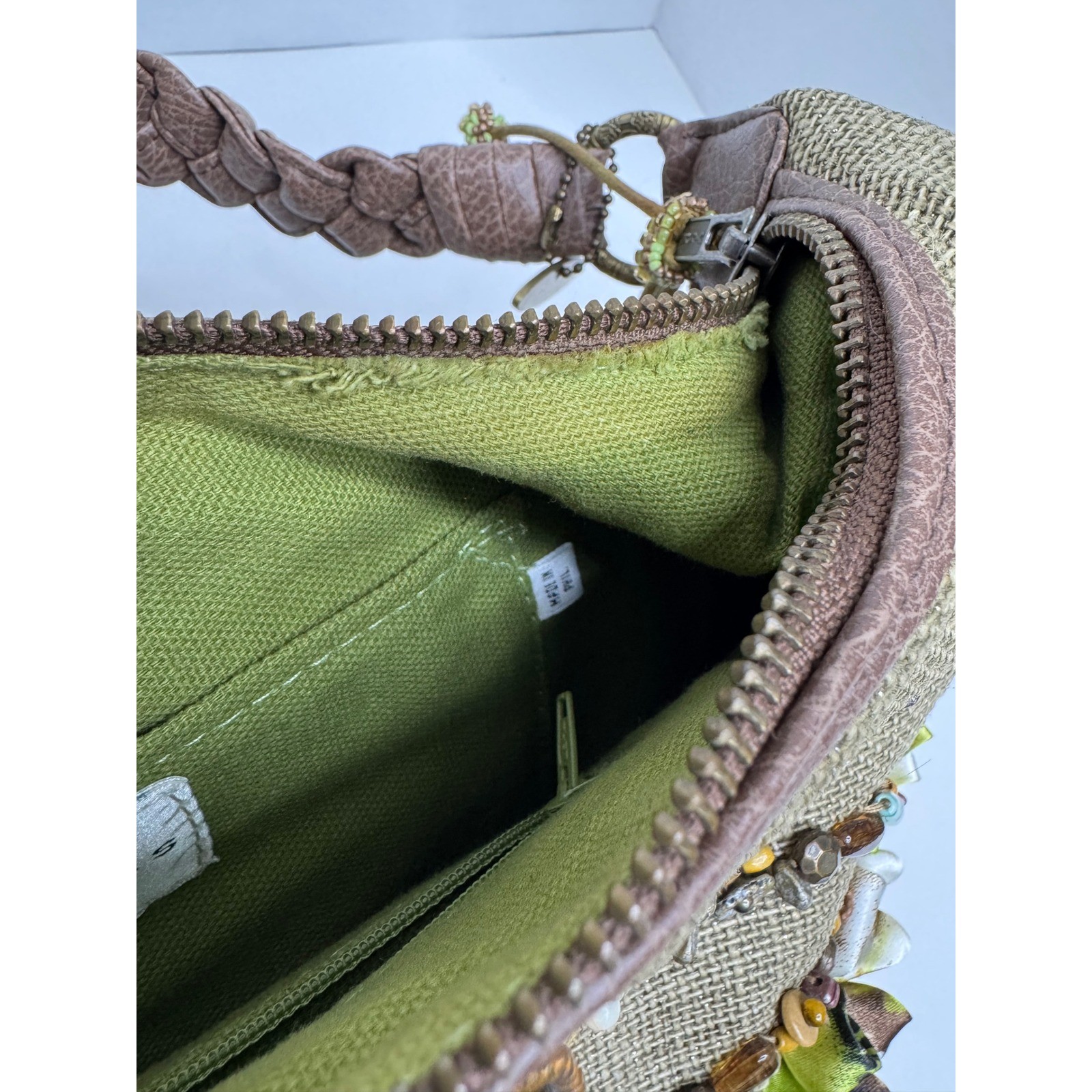 Mary Frances Olive Green Burlap Floral Embellished Beaded Hobo Bag Brown Braided