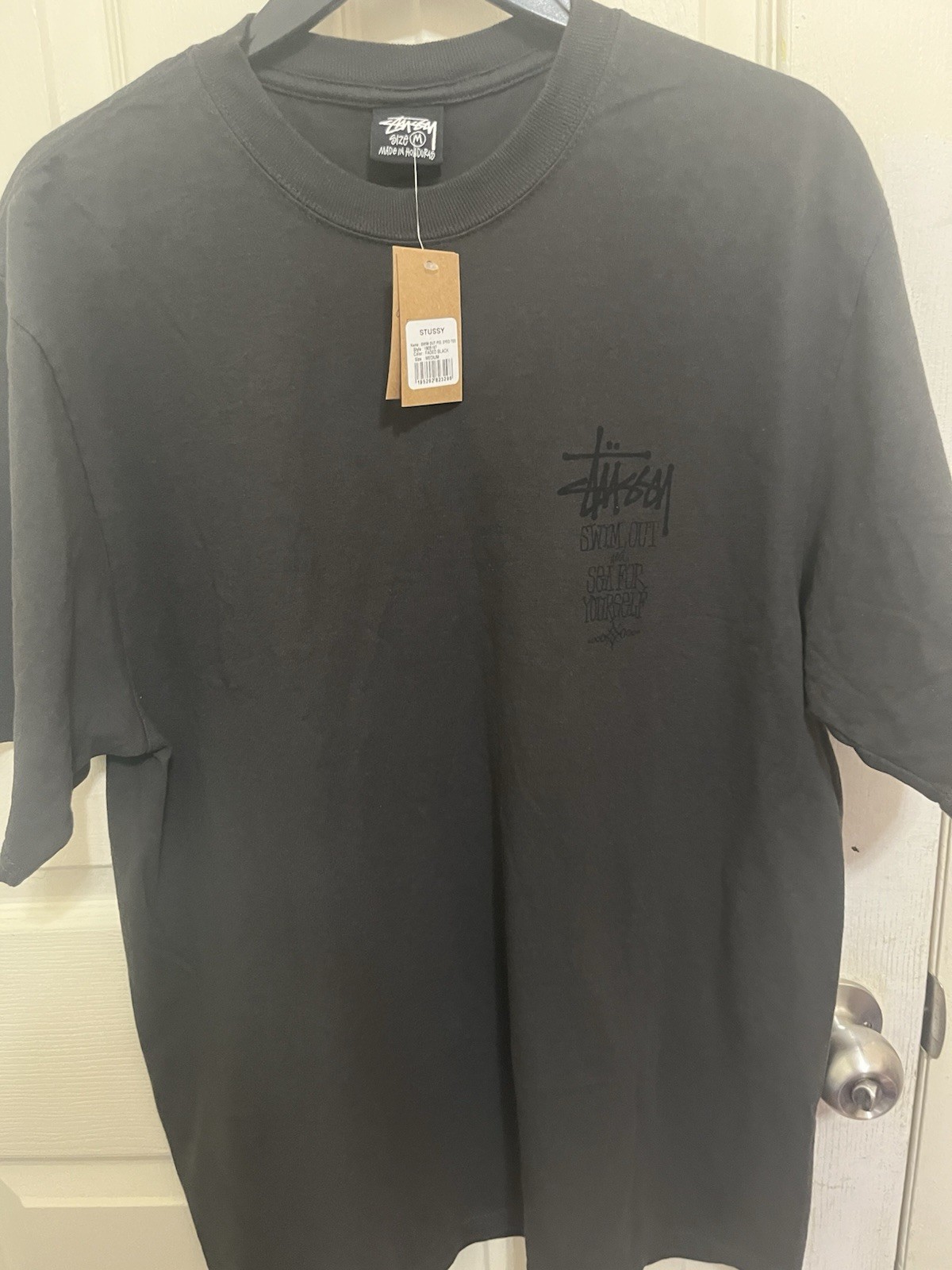 Stussy Men’s Black Graphic Logo Print Crew Neck Short Sleeve T-Shirt Size M
