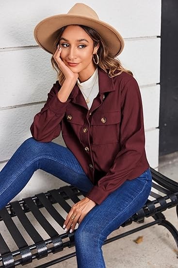 Womens Fashion Cropped Corduroy Shacket Button Down Fall Long Sleeve Top