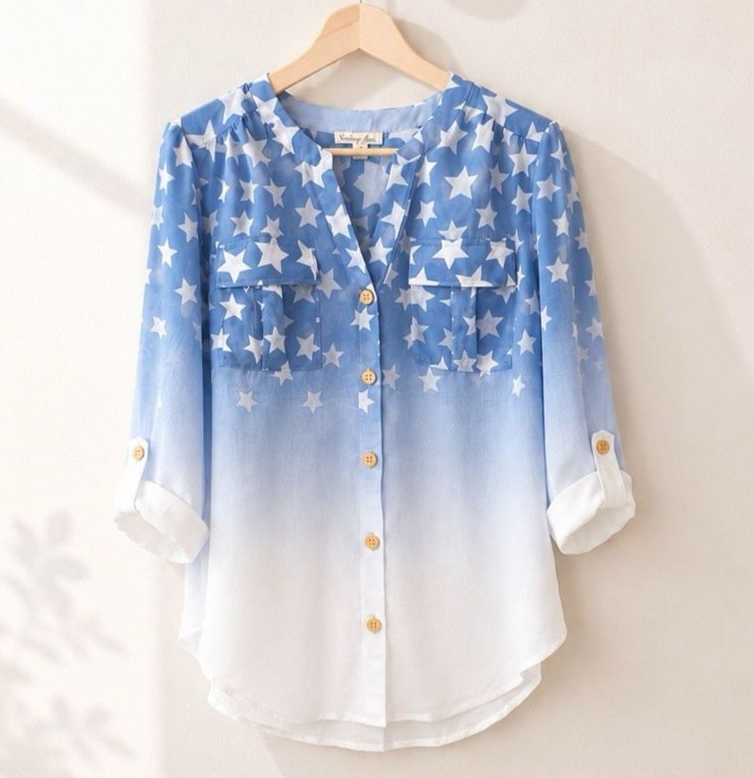4th Of July Top Blue Ombre Star Print Blouse L Size