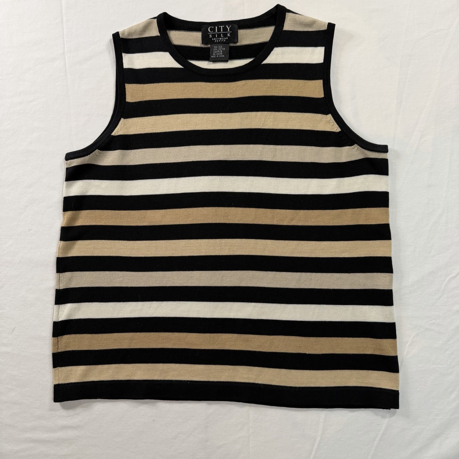 City Silk Black Beige White Striped Knit Sleeveless Crew Neck Pullover P/S B91