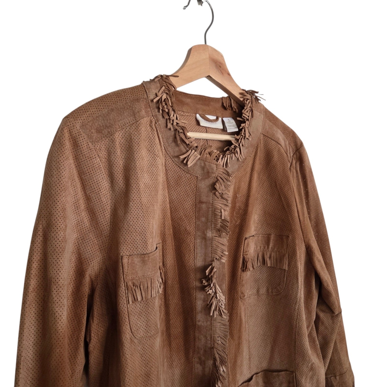 Chico’s Distressed Fringe Leather Shacket Shirt Jacket 3/4 Sleeve Sz 3 or XL
