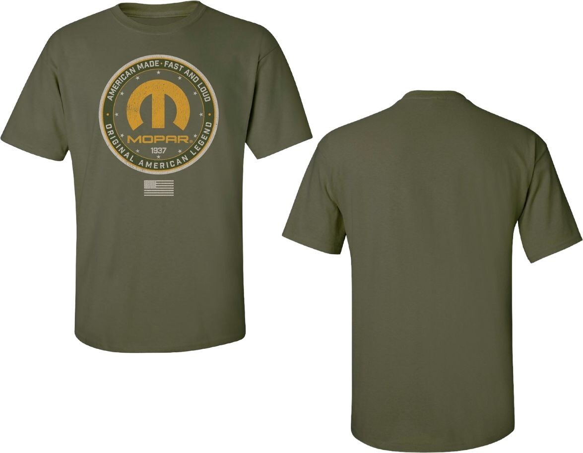 CHECKERED FLAG SPORTS MOPAR 1937 MEN’S MILITARY GREEN DISTRESSED TEE SHIRT E1681