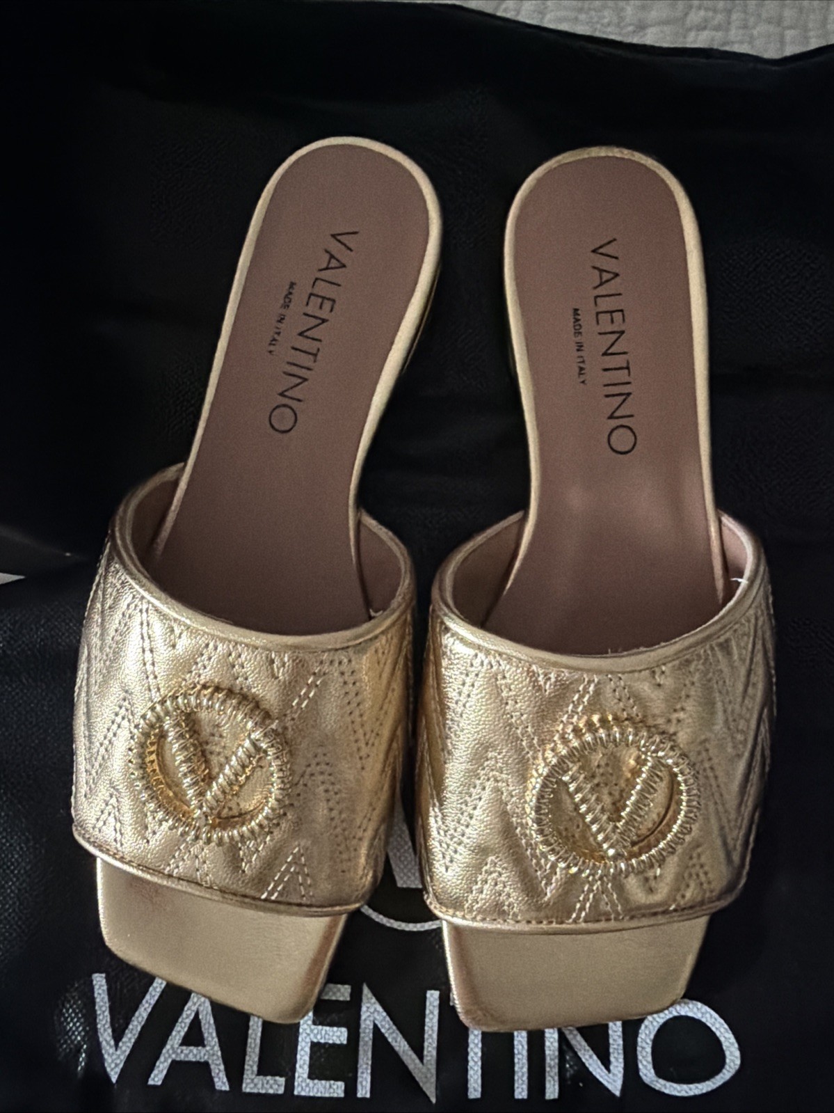 VALENTINO AFRODITE LOGO QUILTED LEATHER SLIP-ON SANDALS IN GOLD 6