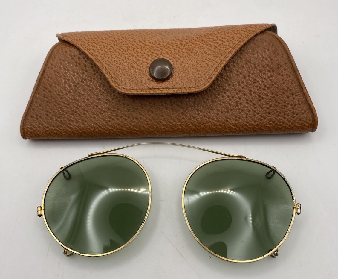 Vintage Clip On Oval Gold Brass Frame Sunglasses Fine Scratches W/original Case