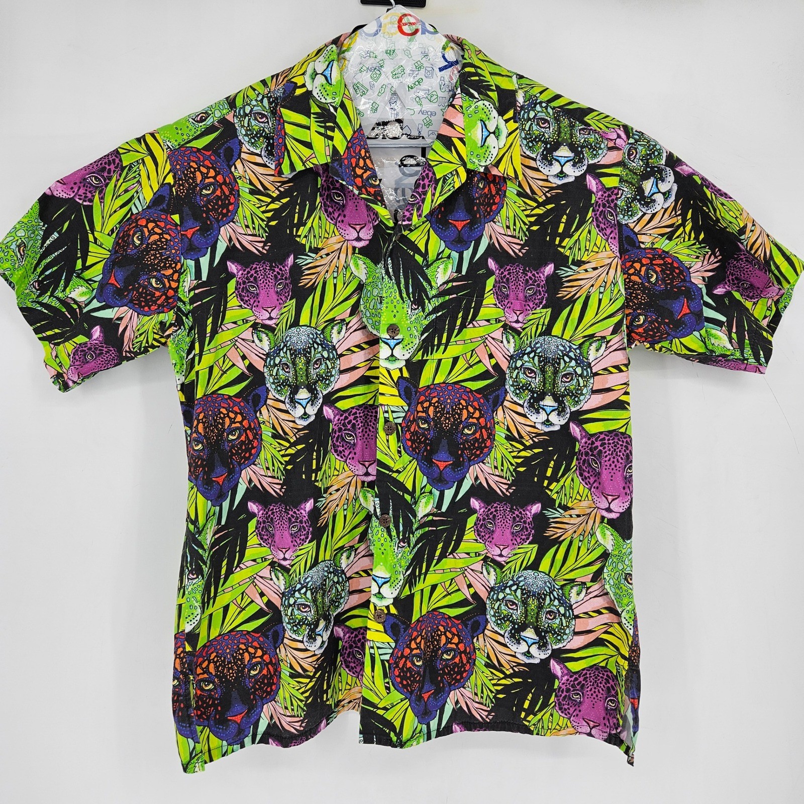 Moon Dog Shirt Mens XL Button Up Short Sleeve Handmade Jungle All Over Print