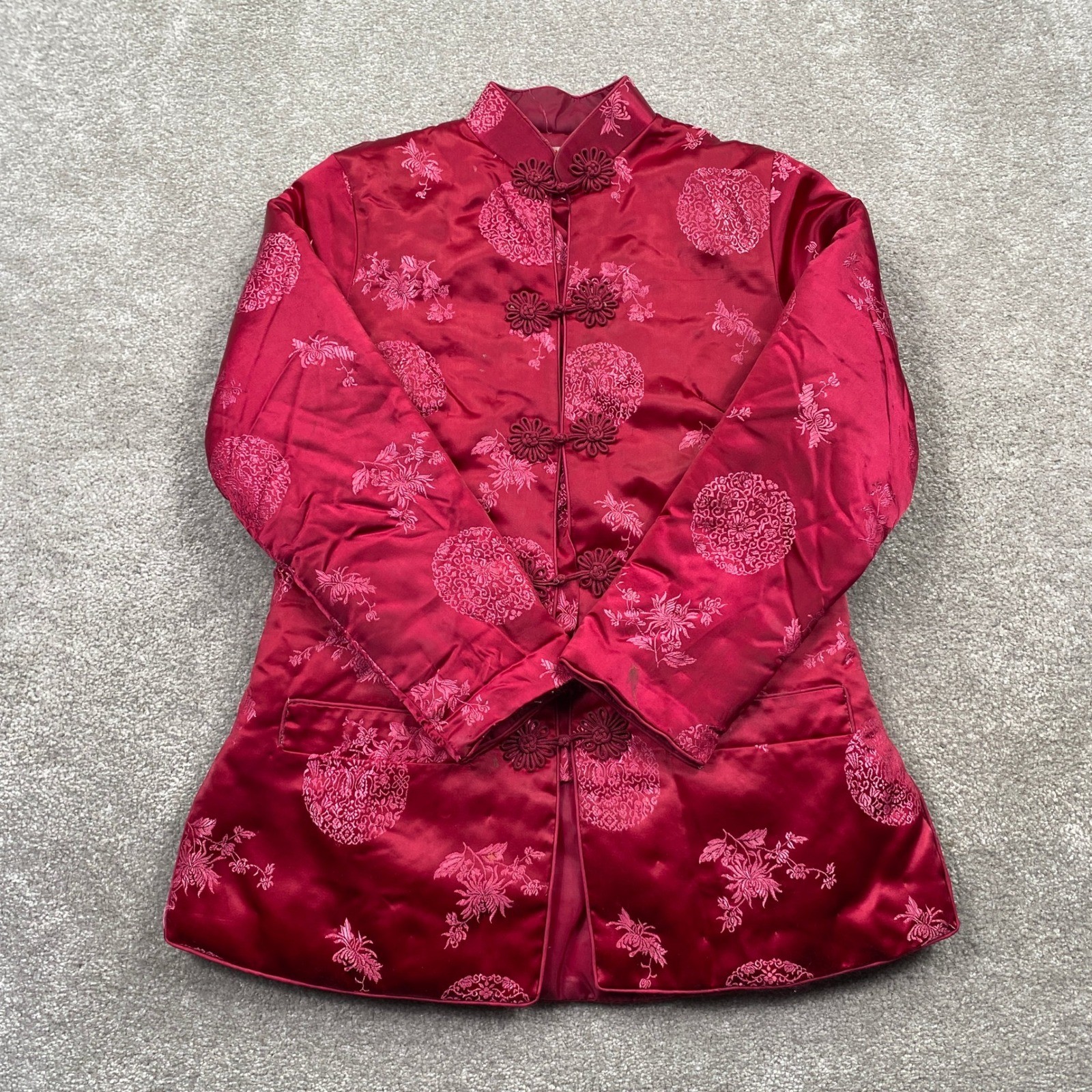 Chong Shin Brocade Jacket Red Silk Blend Mandarin Collar Dragon Floral Pattern
