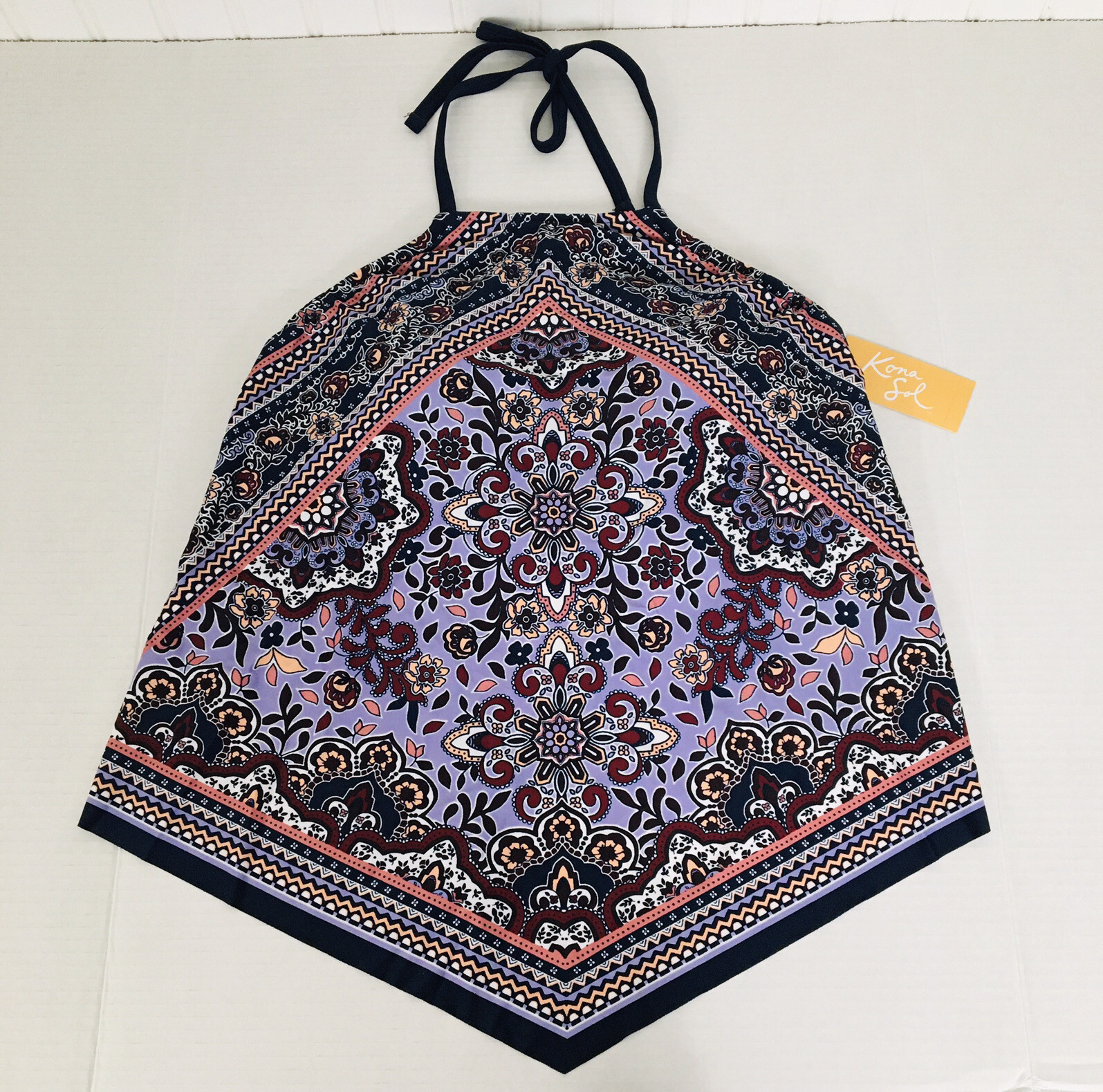 NWT Kona Sol High Neck tankini Swimsuit Halter Top Navy Purple Paisley L 12/14