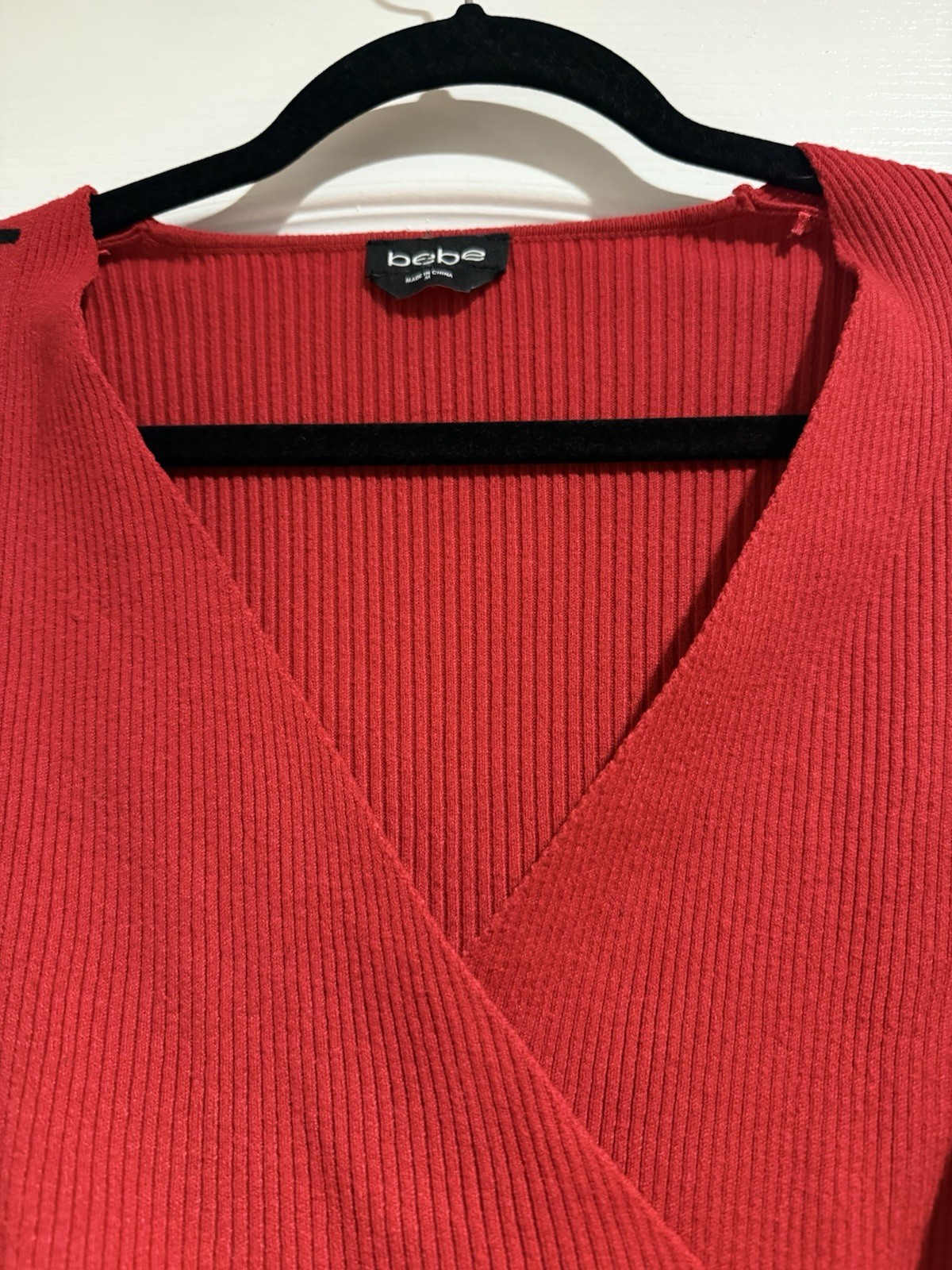 BEBE Red Asymmetric Side LOGO Faux Wrap Ribbed Knit V Neck Sweater Size Small