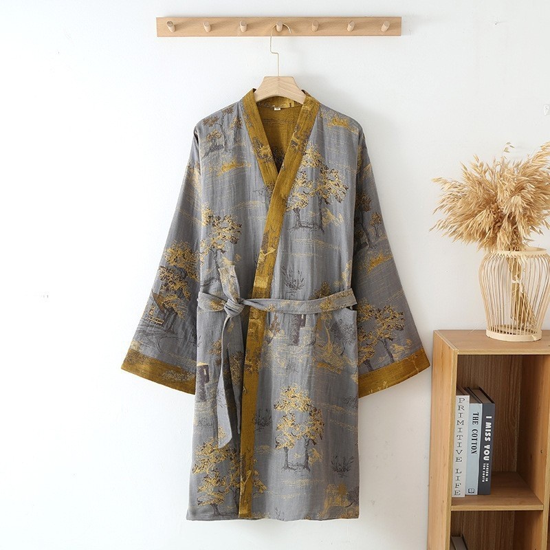 Men’s Printed Cotton Loose Sweat Steaming Robes Thin Summer Ethnic Retro Chic