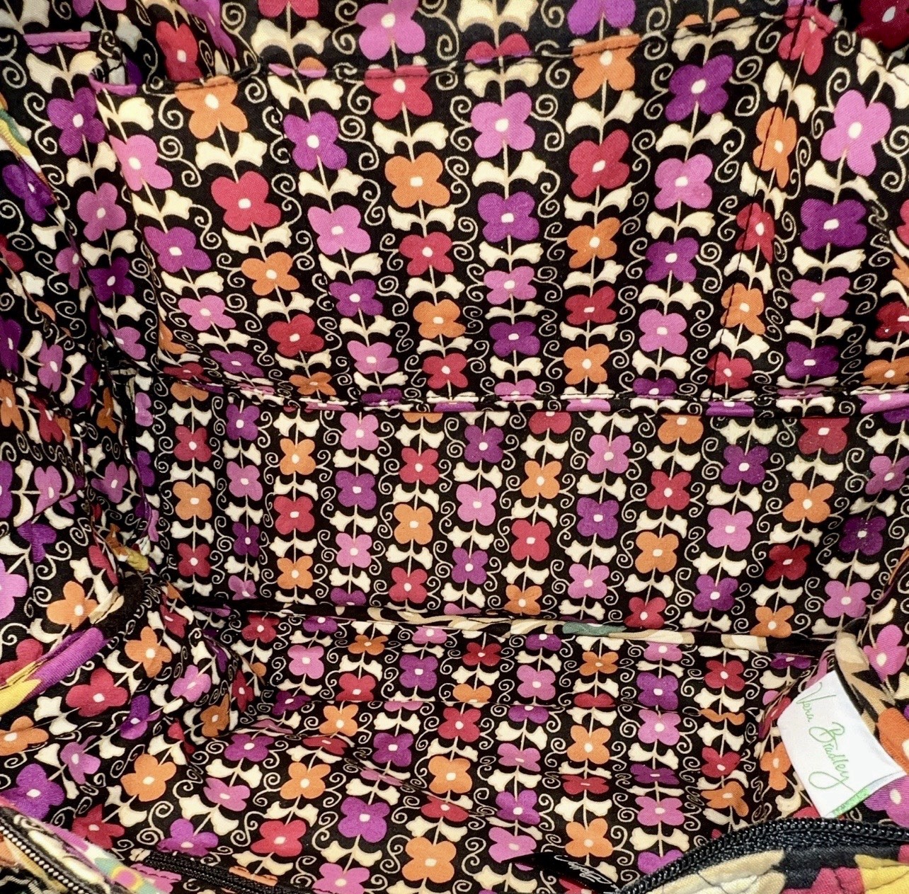 Vera Bradley Large Floral Shoulder Bag Black Multicolor Lined Inner Pockets Zip