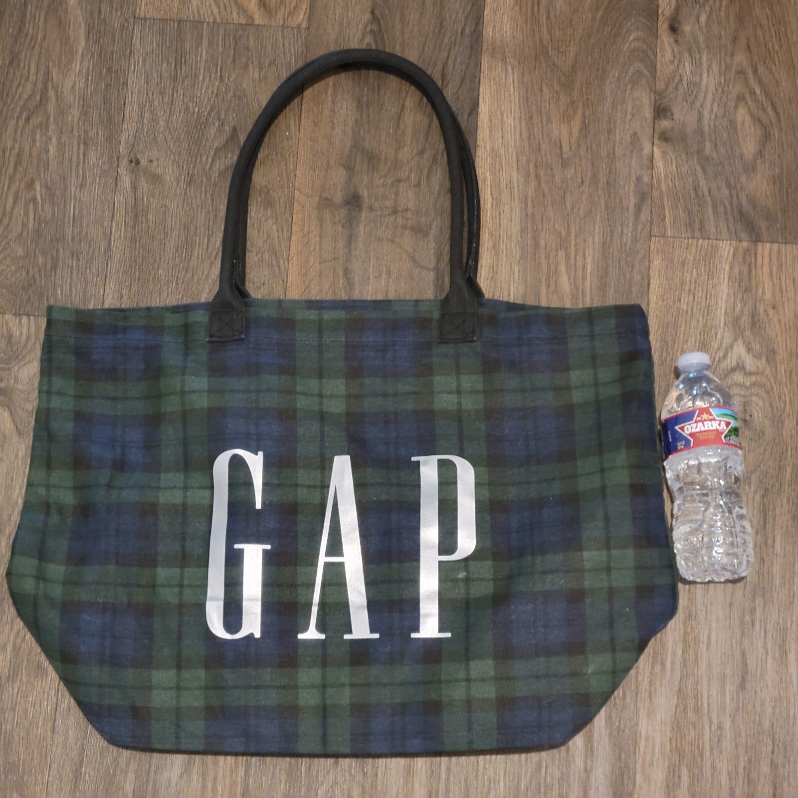 Gap Tote Bag Tartan Plaid Green Silver Logo Cotton 16 x 11 x 4.5 inches