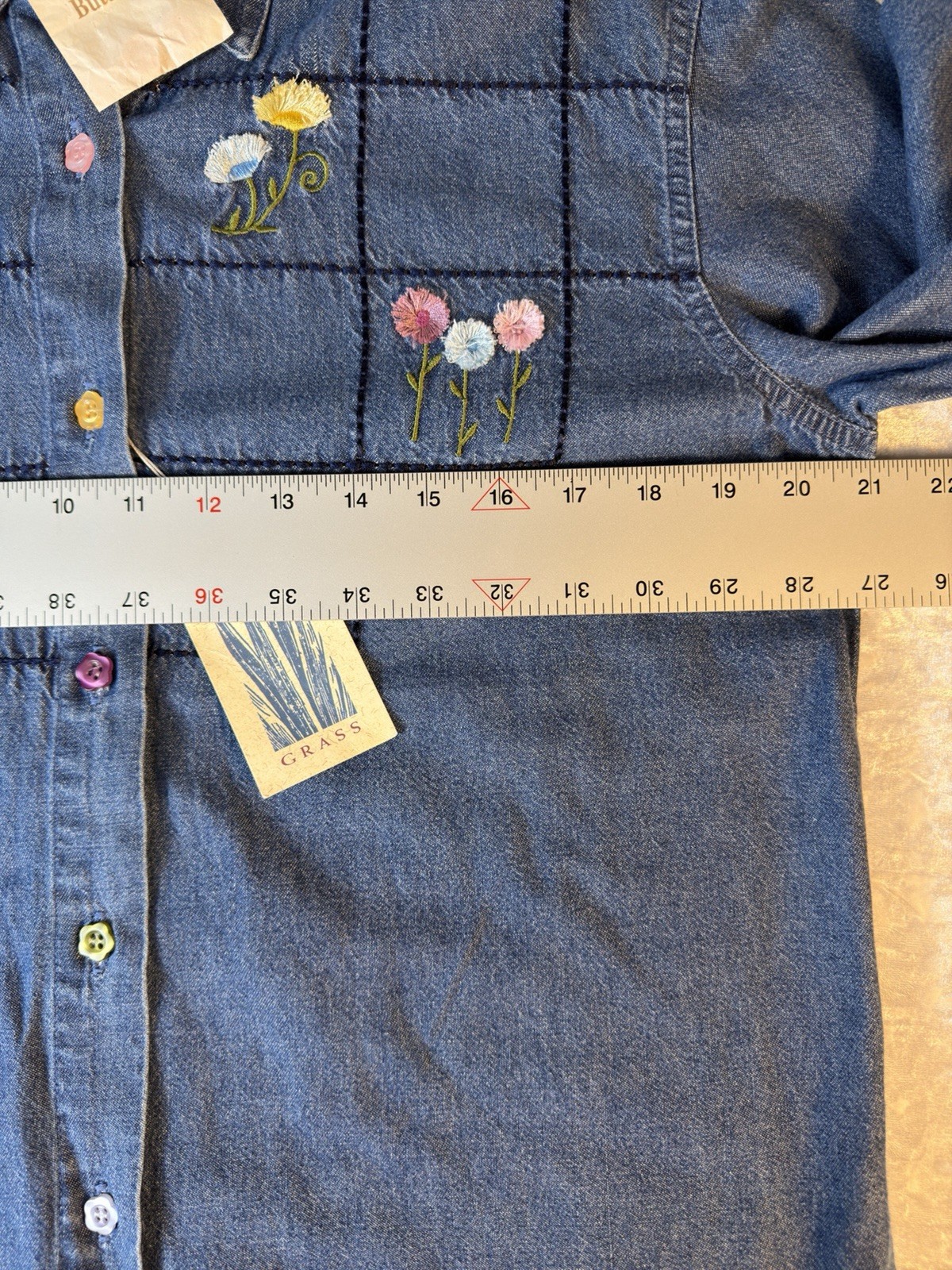 Lemon Grass Embroidered Denim Button Front Shirt Floral Cottagecore NWT