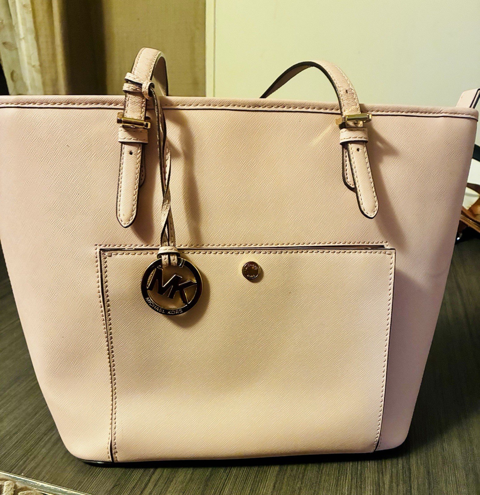 Michael Kors Pink Large Tote Zip Top Gold Tone MK Charm Double Handles Pockets
