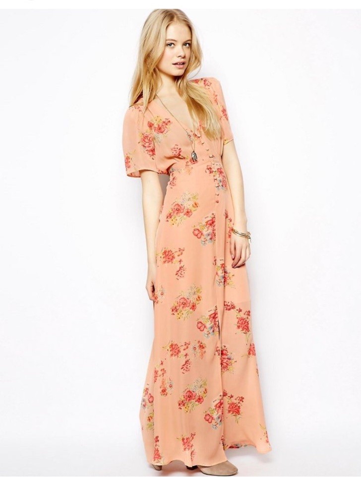 ASOS Boho Chic Peach Floral Maxi Dress V-Neck Flowy Summer Dress