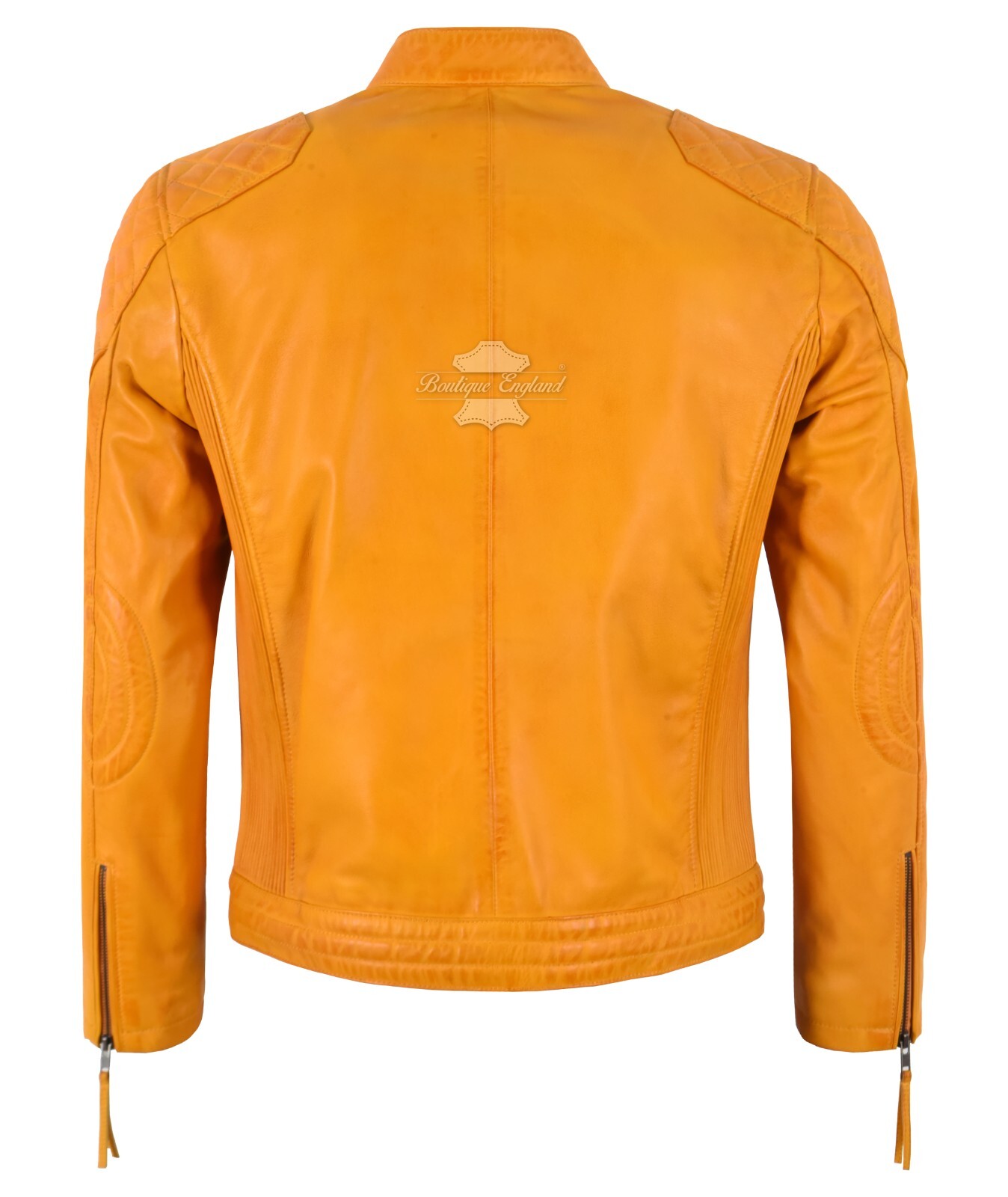 Men’s Racer Leather Jacket Yellow Beige Stripes Biker Motorcycle Style Jacket