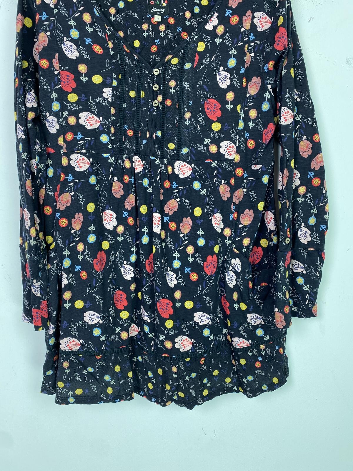 Mantaray Black Red Pink Floral Tunic V Neck Long Sleeve UK 18