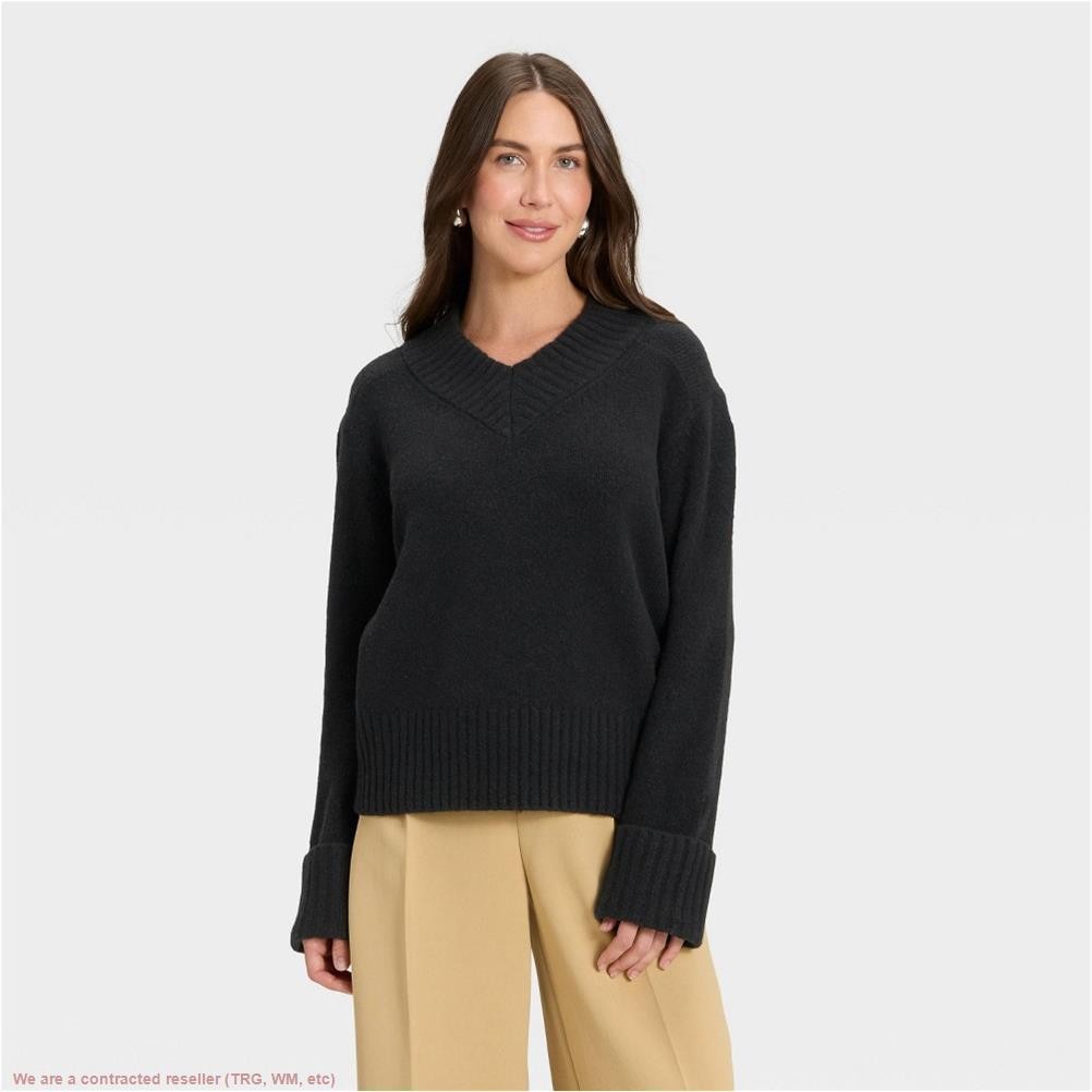 Women’s V-Neck Cozy Knit Boxy Pullover Sweater -A New Day Black S *SEE DEAL!!!*