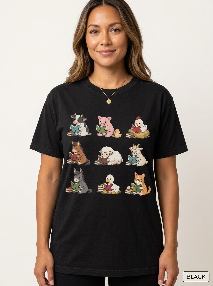 Farm Animals Reading Book Lover Graphic Shirt Freeships