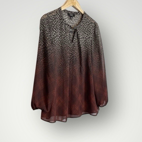 AGB Cheetah Plaid Print Ombre Top Womens Size Large Long Sleeve Semi Sheer Lined