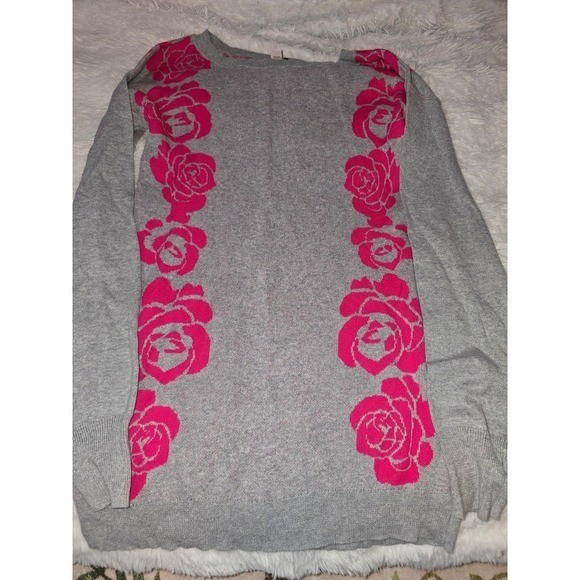 Arizona Jean Co. Grey & Hot Pink Rose Floral Tunic Sweater Size Medium