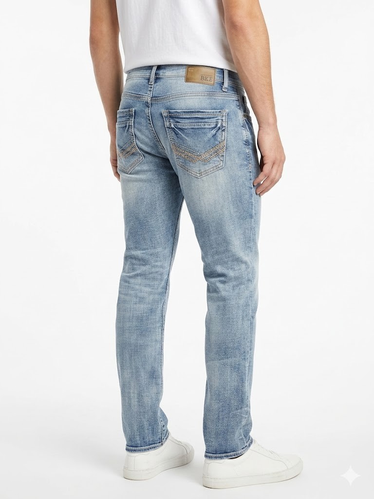 BKE Jake Men 32×32 Straight Leg Jeans Light Wash Stretch Blue Denim Distressed