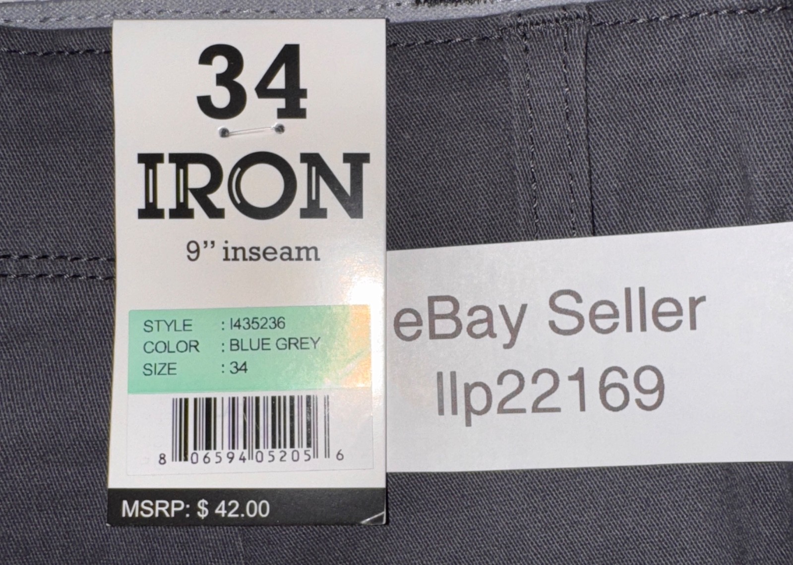 IRON CO Men’s Stretch Shorts (SIZE 34) Flex Waist Flat Front BLUE GREY New Tag!