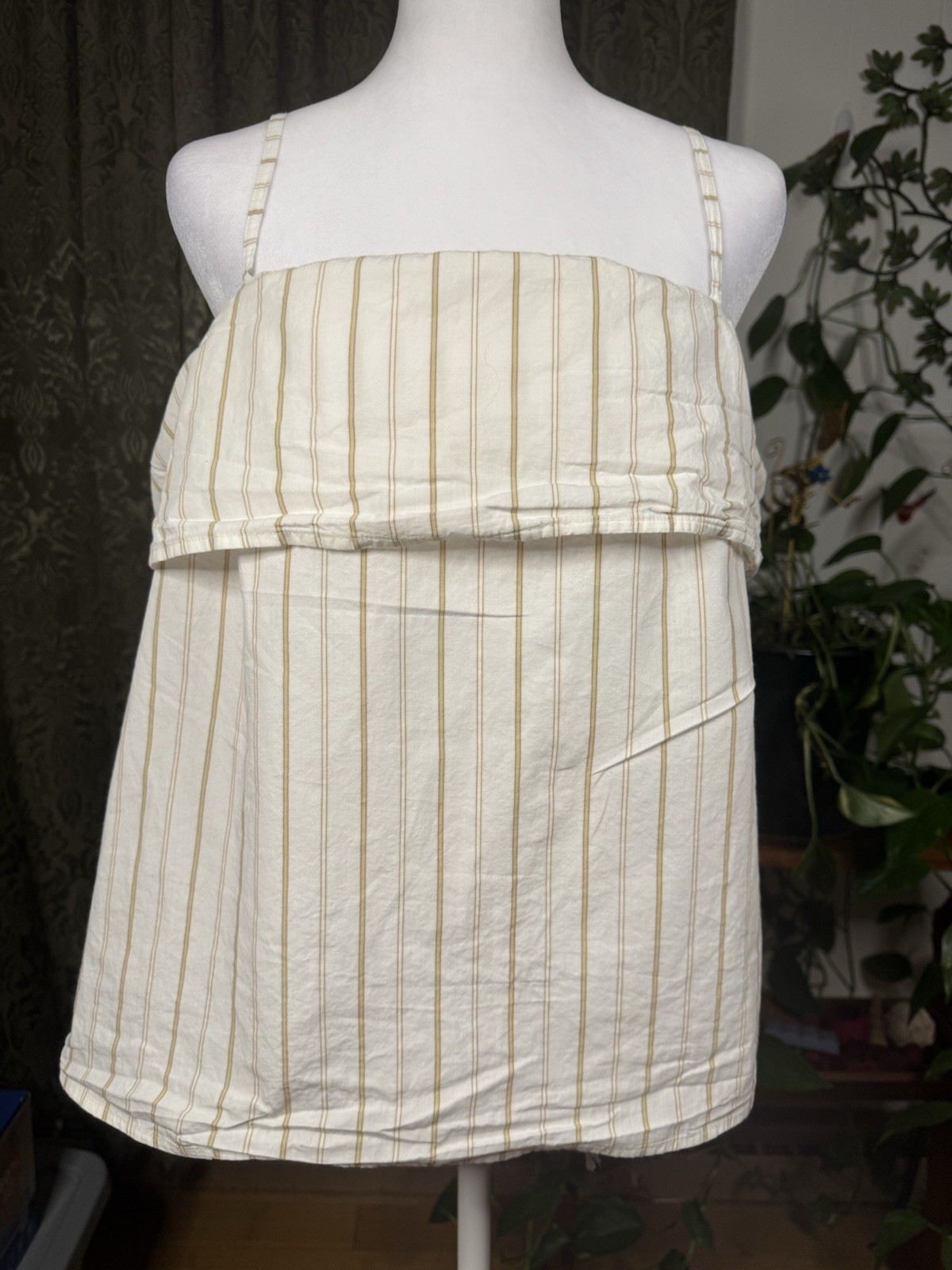 H&M Women’s L White Beige Striped 100% Cotton Zip Spaghetti Strap Cami