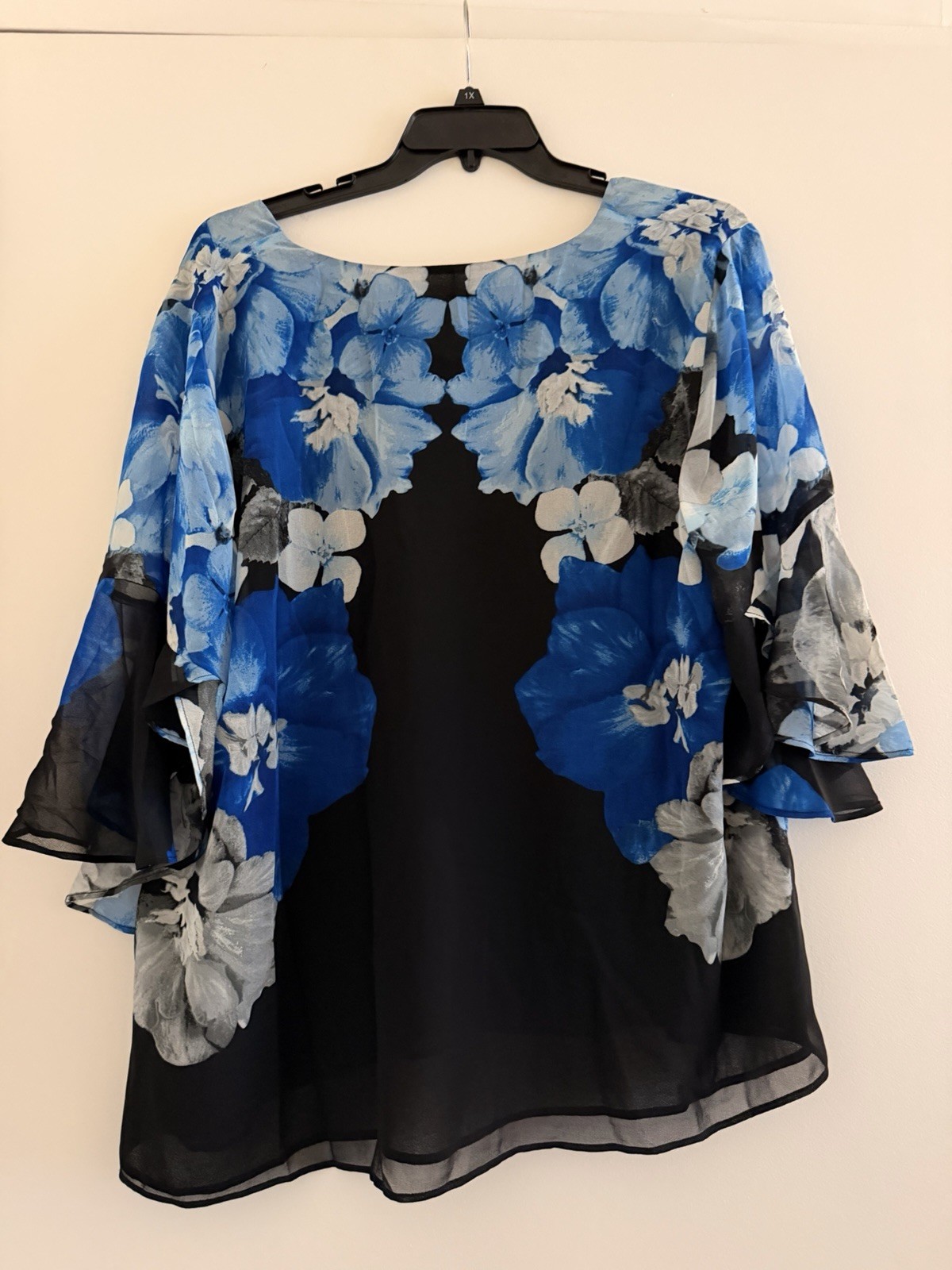 Calvin Klein Plus Size 1X Black Blue Floral Chiffon Blouse Bell Sheer Overlay