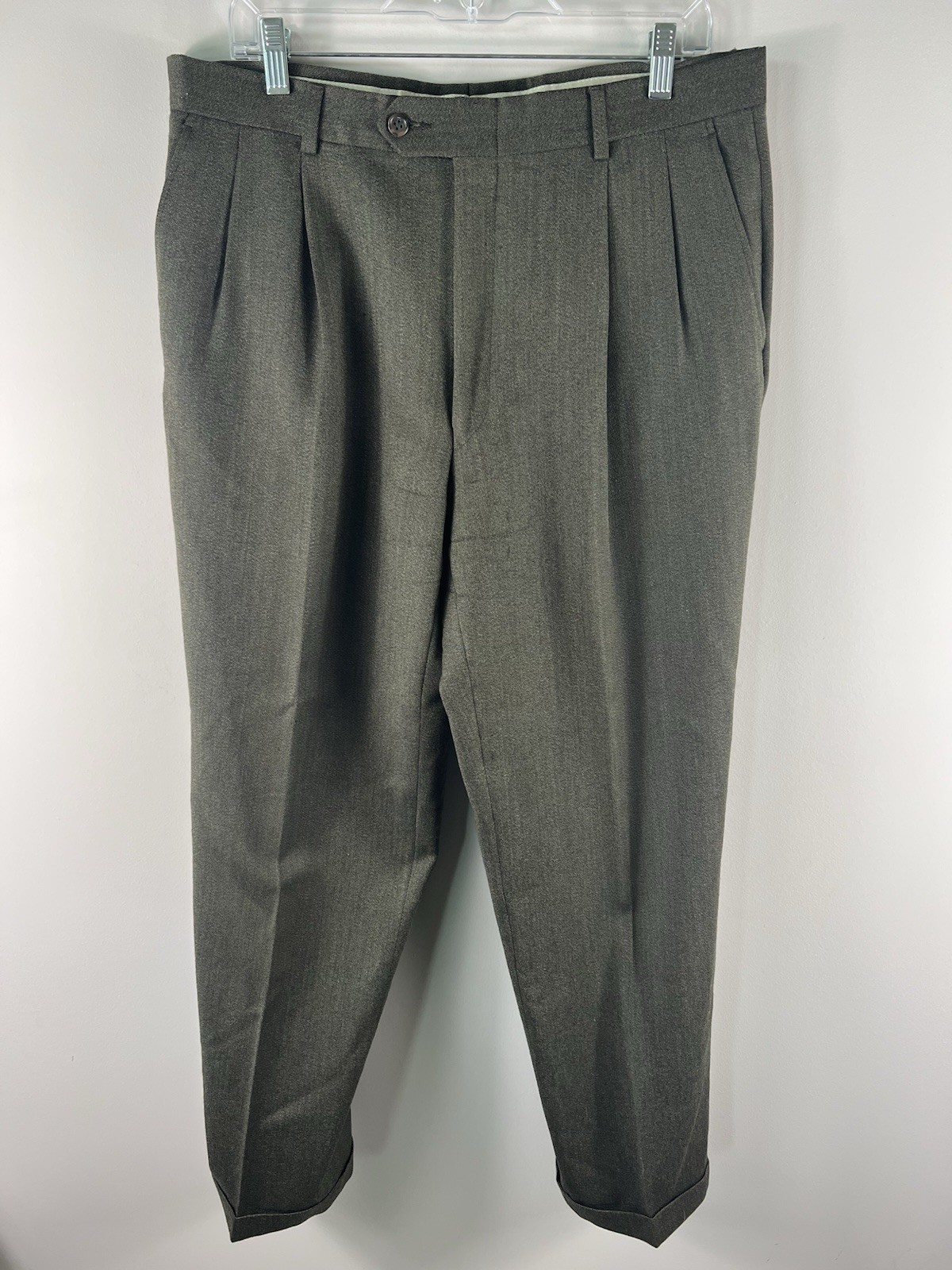 Burberry London Men’s Pleated Pants 35/30 Olive Gray Wool Blend Cuffed Pants