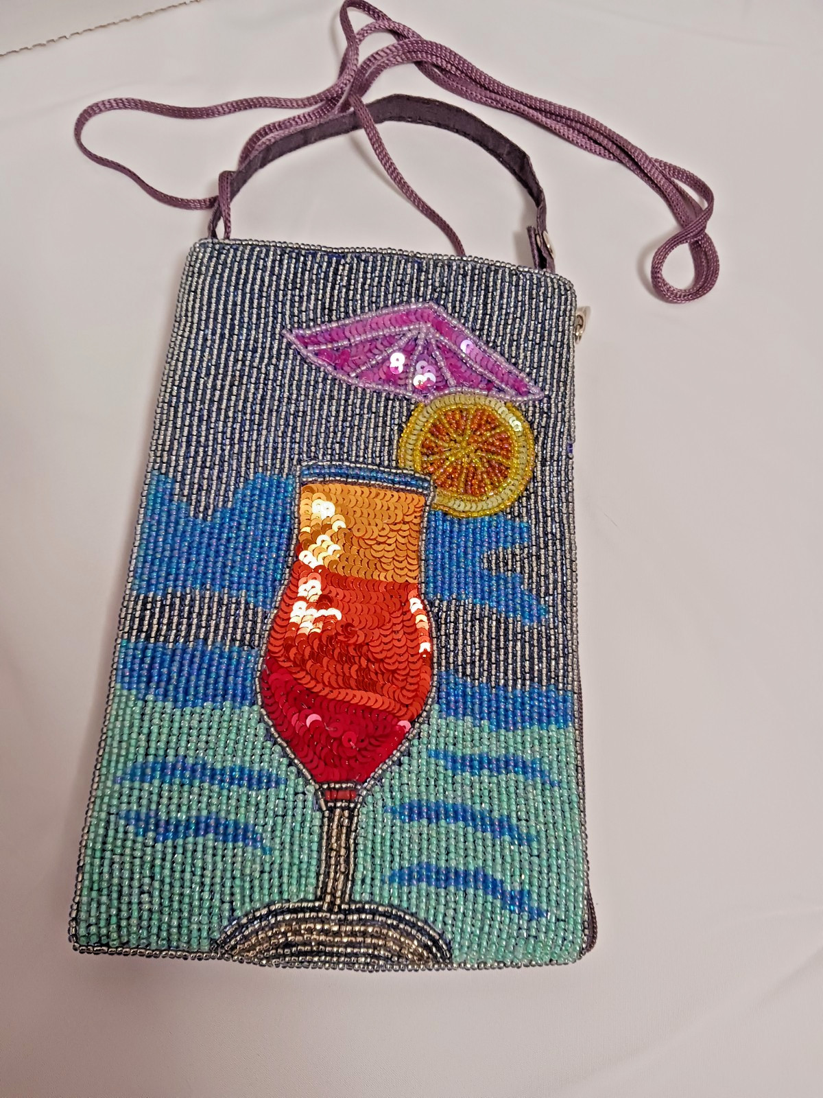Bamboo Trading Co Tropical Drink Print Beaded Crossbody Wristlet Sling Club Bag