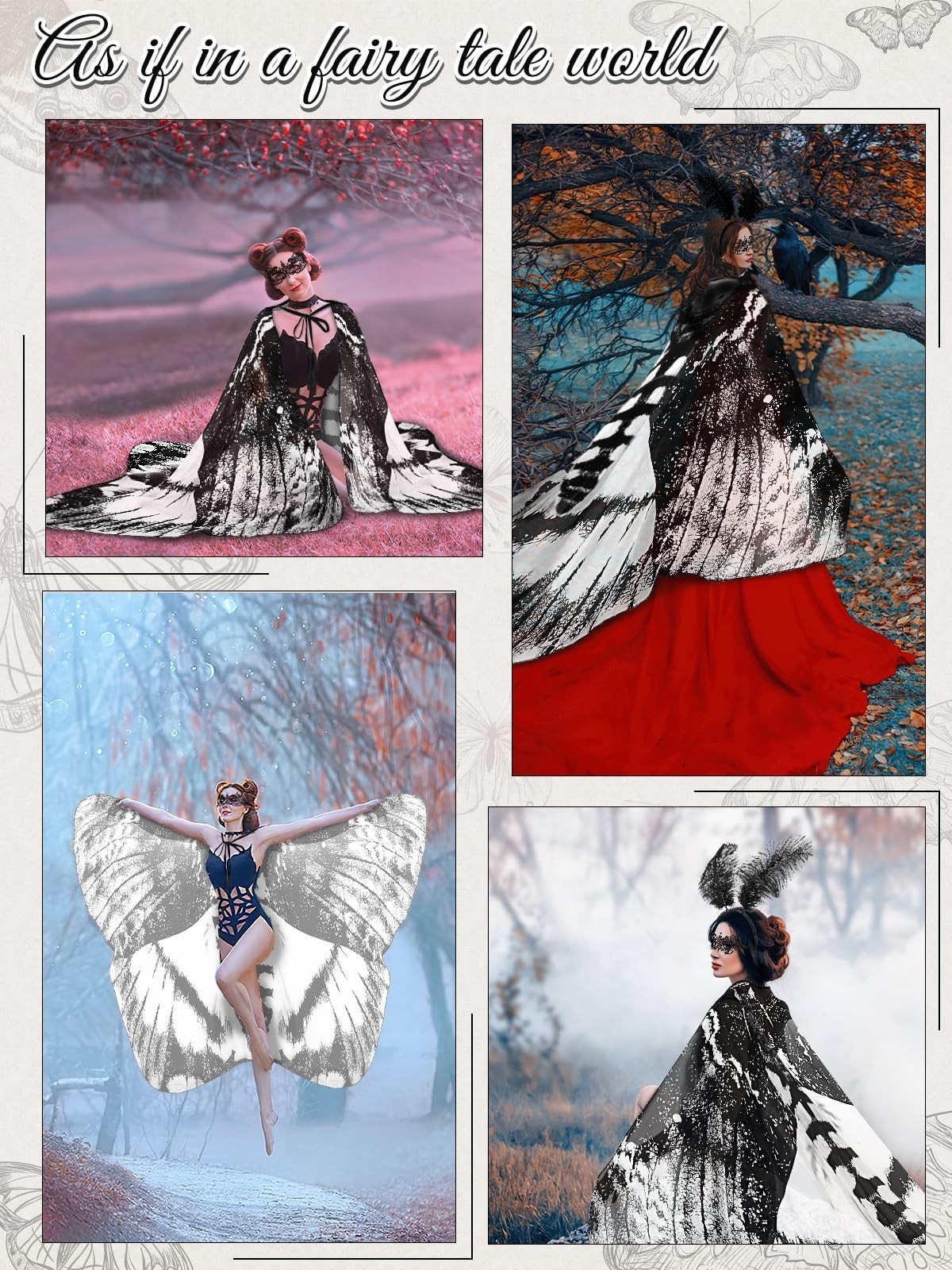 3 Pcs Moth Wings Cape Set for Adults – Halloween Costume with Headband & Lace Ma